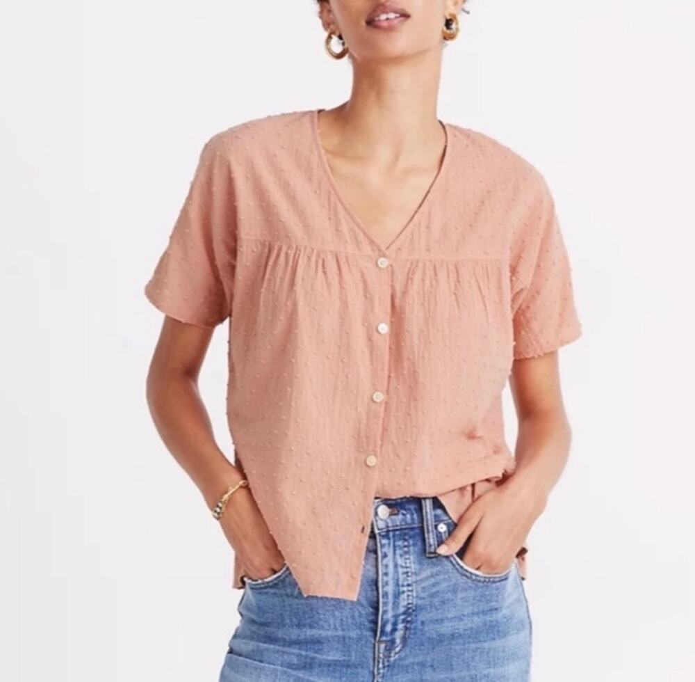 Madewell Rhyme Swiss Dot Short Sleeve Button Up Top 100% Cotton Orange Sz Small